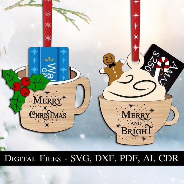 Christmas Cup Mug Gift Card Holder Ornament SVG Glowforge Laser Happy Christmas Tree Toy Present Lightburn Digital Download Bestseller