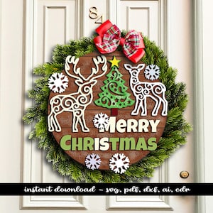 Renna Foresta Buon Natale Porta Appeso Cartello di Benvenuto Pino Albero Felice Rotondo Decorazione per la casa SVG Glowforge Decorazione Laser Bestseller Digitale