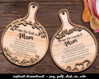 18 Regalo del Día de la Madre Tabla de cortar redonda Decoración Marco Receta en capas Glowforge Lightburn Descarga digital SVG Bestseller Archivo láser Popular