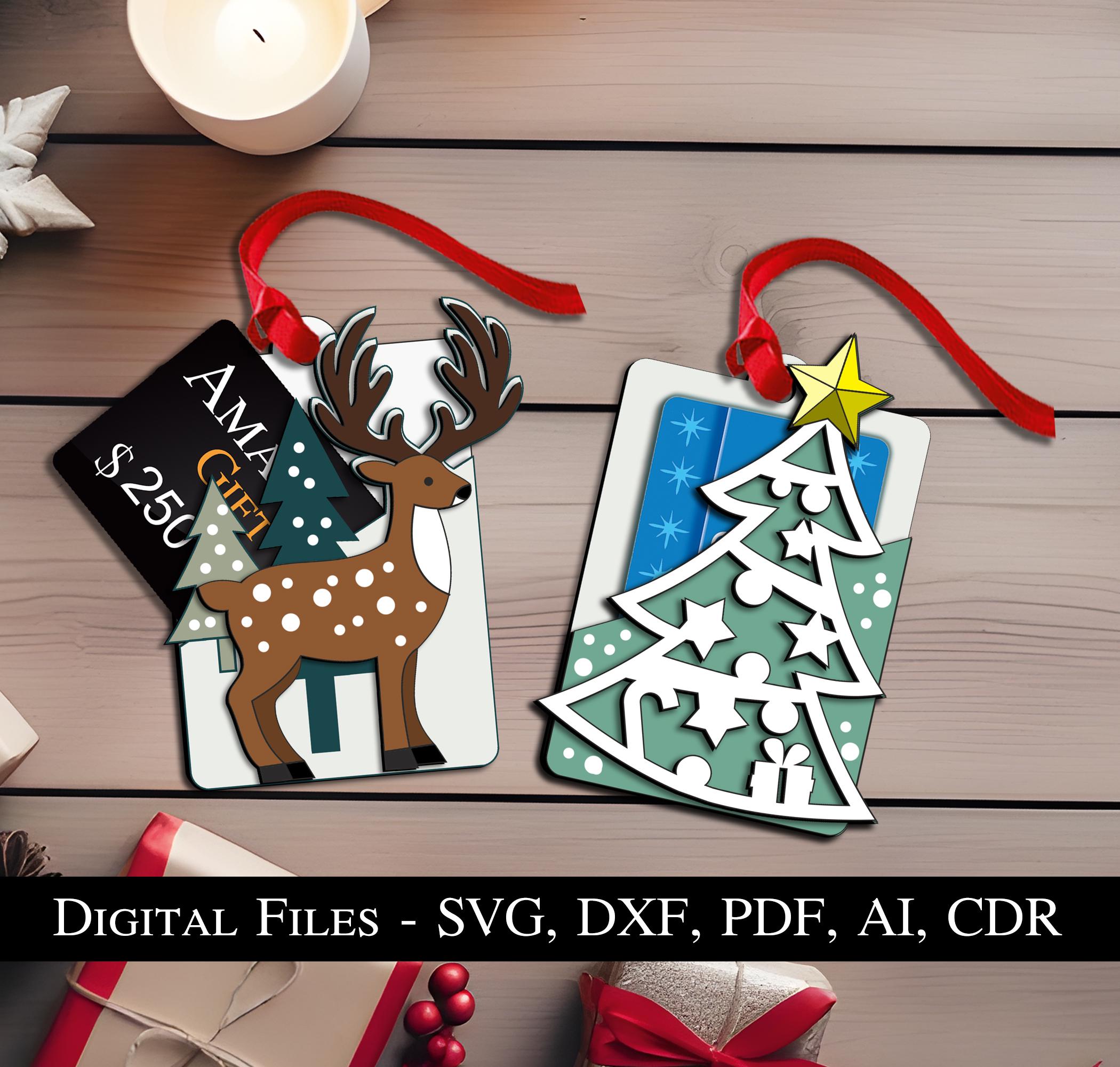 Deer Christmas Tree Gift Card Holder Ornament Laser SVG Digital Stag Pine Tree Bestseller