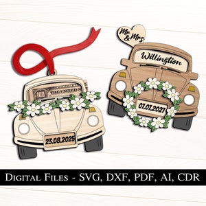 Porte-monnaie mariage voiture cadeau pour jeunes mariés Laser SVG ornement cadeau décoration d'intérieur fichier laser téléchargement numérique best-seller scarabée ruban cintre