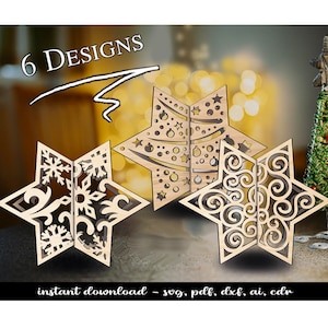 Pacchetto di 6 decorazioni per la casa a forma di stella di Natale, motivo invernale 3D, Glowforge SVG, file pronto per il taglio laser, file digitali più venduti Lightburn