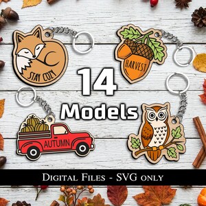 May include: Four wooden keychains featuring autumn designs: a fox with the text STAY COZY, two acorns labelled HARVEST, a red truck carrying pumpkins labelled AUTUMN, and an owl on a branch. The image includes the text 14 Models and DIGITAL FILES - SVG only.