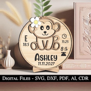 Singe bébé faire-part nouveau-né rond signe cercle planche cadeau de naissance SVG laser best-seller enfant enfant décoration maison décoration de la maison singe