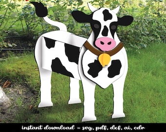 May include: A black and white cow cutout with a pink nose and a brown collar with a yellow bell. The cow is standing on a green grassy surface.