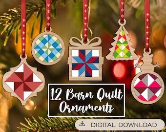 May include: Five wooden ornaments with geometric quilt patterns in red, blue, green, and pink, hanging from red ribbons. The text 12 Barn Quilt Ornaments and Digital Download is visible. Each ornament features a unique shape and color scheme.