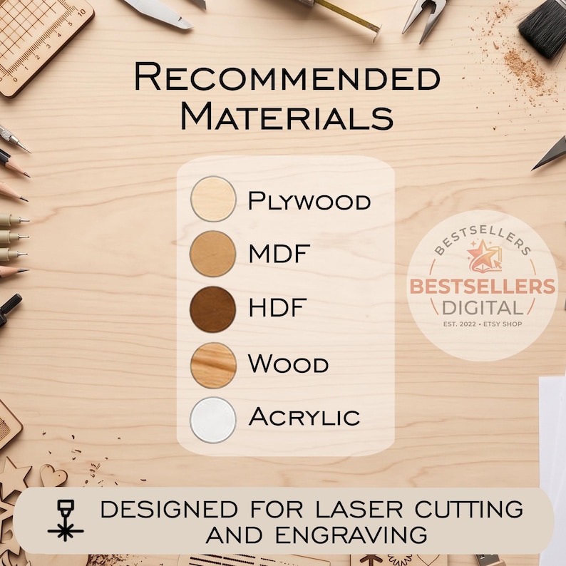 May include: A list of recommended materials for laser cutting and engraving, including plywood, MDF, HDF, wood, and acrylic, displayed with circular samples. The text reads Recommended Materials and Designed for Laser Cutting and Engraving.