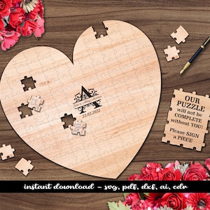 Conjunto de 5 quebra-cabeças de coração para livro de visitas de casamento Glowforge SVG arquivos cortados a laser quebra-cabeça livro de visitas de casamento mais vendidos digital exclusivo