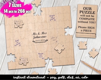 Op de afbeelding: Een houten huwelijkspuzzel met een lichtbruine achtergrond. De puzzel bestaat uit 14 tot 266 stukjes en bevat de tekst "Mr & Mrs Johnsons 24.02.2024" en "Onze puzzel is niet compleet zonder jou!  Teken alstublieft een stukje".
