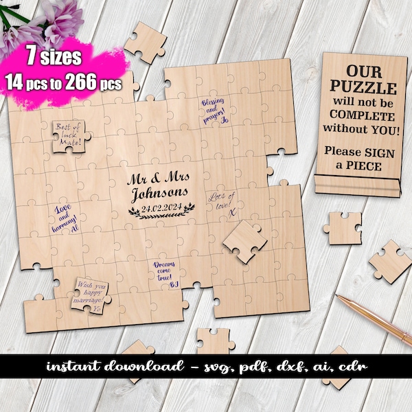 Set of 7 Puzzle Wedding Guest Book SVG Glowforge Laser - Ready Cut File - INSTANT DOWNLOAD Lightburn Bestsellers Digital Popular