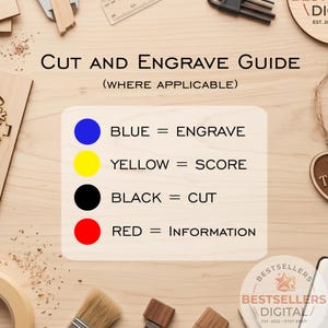 May include: A Cut and Engrave Guide with text explaining color codes: blue for engrave, yellow for score, black for cut, and red for information. The guide is displayed on a light wood surface with various craft tools and wood pieces.