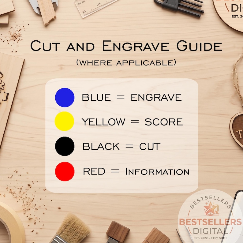 May include: A Cut and Engrave Guide with text explaining color codes: blue for engrave, yellow for score, black for cut, and red for information. The guide is displayed on a light wood surface with various craft tools and wood pieces.