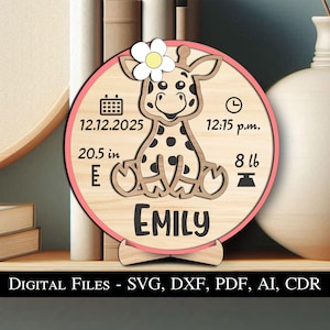 Giraffe Baby Announcement Round Sign Circle Board Newborn Gift Birth Present SVG Laser Bestseller Digital Popular Kid Child Home House Decor