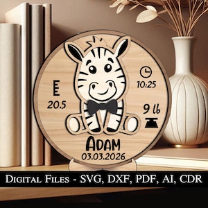 Letrero circular con diseño de cebra para anuncio de bebé, SVG, regalo para recién nacido, regalo de nacimiento, láser, superventas, digital, popular, para niños, decoración del hogar, redondo