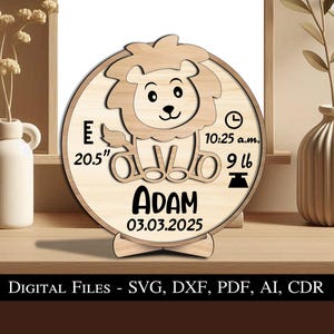 Cartello rotondo con scritta "Leone" e scritta "Annuncio nascita" di Natale, in formato SVG, con laser, per bambini, decorazione per la casa, USA