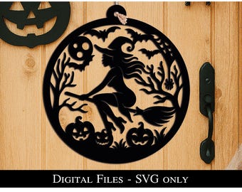 May include: Black circular Halloween decoration featuring a witch on a broom, pumpkins, bats, and a full moon. The design is cut out of a solid black material. The text "DIGITAL FILES - SVG ONLY" is at the bottom.