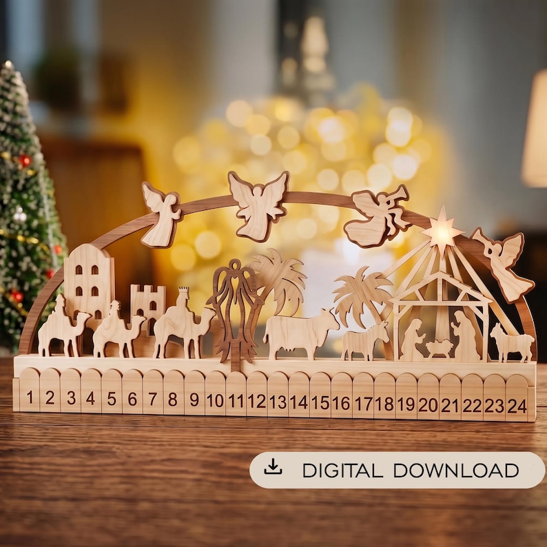 May include: A wooden nativity advent calendar featuring a curved arch with carved angels, palm trees, camels, and a stable scene. The base includes a numbered fence from 1 to 24. The text DIGITAL DOWNLOAD is printed in a white rounded rectangle.