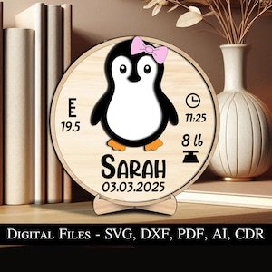Pingouin bébé faire-part nouveau-né rond signe cercle planche cadeau de naissance SVG laser best-seller enfant enfant décoration maison décoration de la maison animal