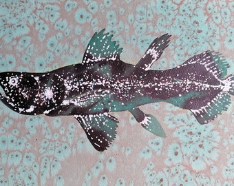 Print of a 'Coelacanth'  Original in India ink pointillist illustration by Thomas R McPhee.