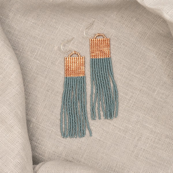 Fringe earrings, boho, hanging earrings, made of Miyuki glass beads in copper and green