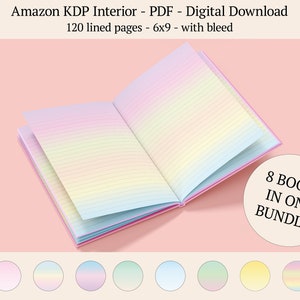 May include: A set of 8 lined notebook interiors in PDF format, each with a different rainbow gradient color scheme. The notebooks are 6x9 inches and include bleed for printing. The text on the image reads "8 BOOKS IN ONE BUNDLE!"