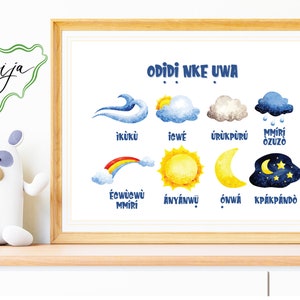 Impresión de gráficos meteorológicos igbo, arte de la pared de la guardería, impresión para niños, arte de la pared de los niños, cartel del tiempo de los niños, decoración de la pared de los niños, impresión educativa