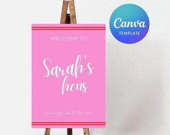 Puede incluir: Un cartel de bienvenida rosa con texto blanco que dice "Welcome to Sarah's Hens. We're eggcited to have you!" El cartel está en un caballete de madera.