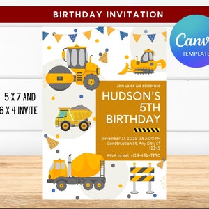 Construction Trucks Birthday Party Digital Template, Editable on Canva, Instant Download, Construction Builder Themed Party Invite, Digger