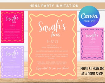 Wavy Hens Party Invitation, Bridal Shower Invitation, Modern Waves Bright Fun Invitation, Canva Template
