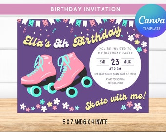 May include: Purple birthday invitation with a colorful banner, confetti, and flowers. The invitation says "Ella's 8th Birthday" and features a pair of pink roller skates with blue wheels. The text says "You're invited to my birthday party" and includes the date, time, and location. The invitation also says "Skate with me!"