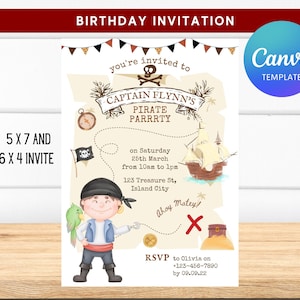 Plantilla de invitación de piratas para niños editable en Canva, archivo de descarga digital instantánea, invitación para fiesta de cumpleaños con temática pirata