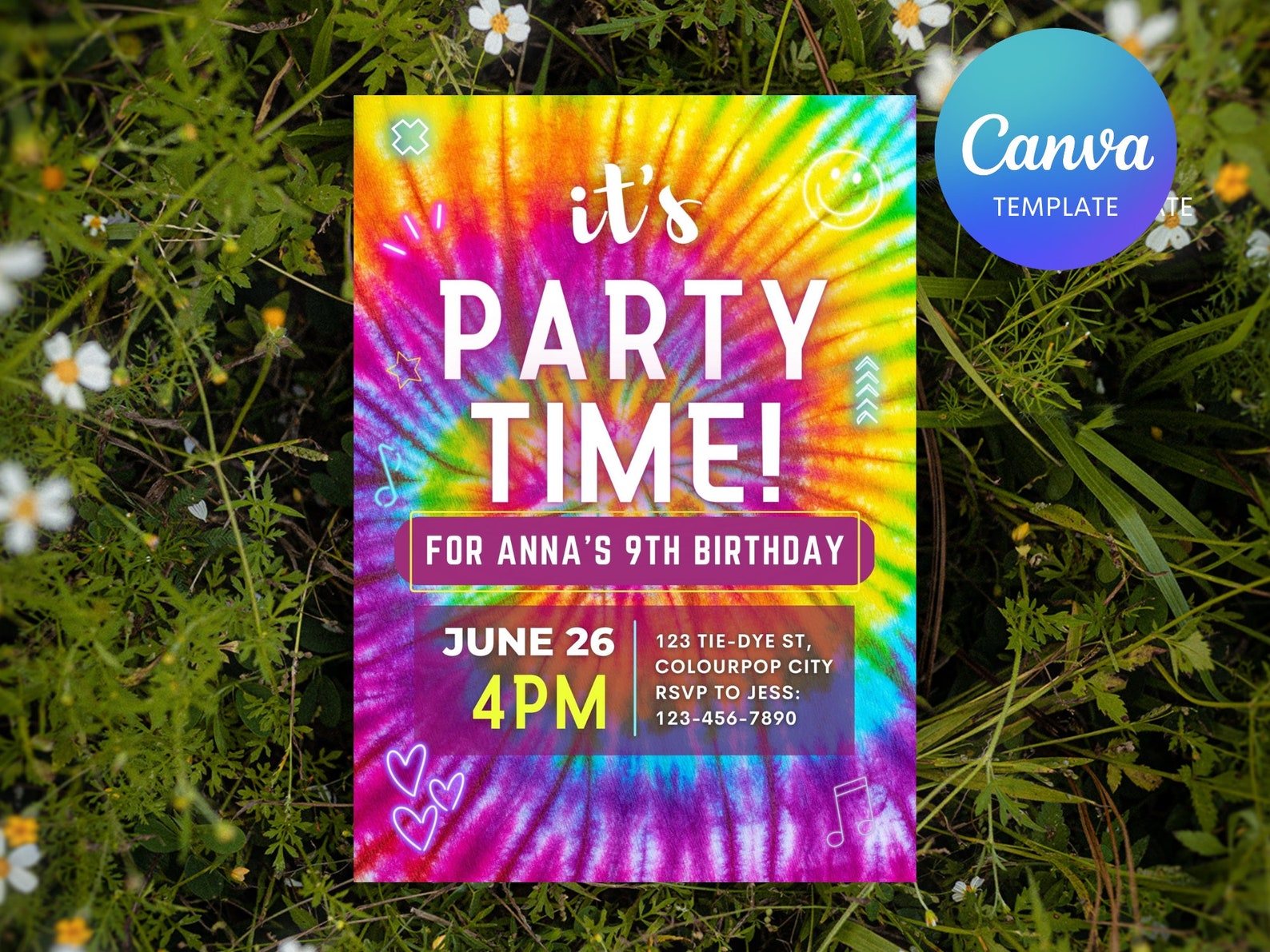 Tie Dye Invitation, Tie Dye Birthday Invitation, Editable on Canva