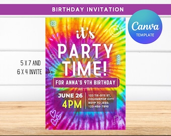 May include: A tie-dye themed birthday party invitation with the text "it's party time!" for Anna's 9th birthday. The invitation includes the date, time, and address for the party. RSVP to Jess at 123-456-7890.