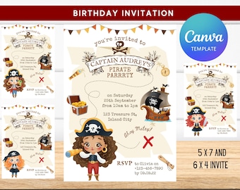 Plantilla de invitación a fiesta de cumpleaños pirata para niños digitales, editable en Canva, descarga instantánea. Fiesta temática de chicas piratas, Plantilla pirata