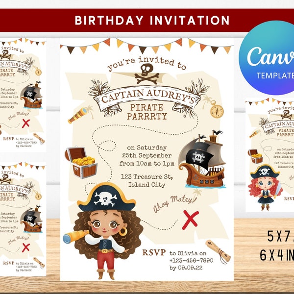 Modèle d’invitation à une fête d’anniversaire numérique pour enfants pirate, modifiable sur Canva, téléchargement instantané. Soirée à thème Pirate pour filles, modèle pirate