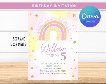 May include: A pink and yellow rainbow with gold stars on a watercolour background. The text "Willow Turns 5" is written in purple. The invitation includes the date, time, and location of the birthday party. RSVP information is also included.