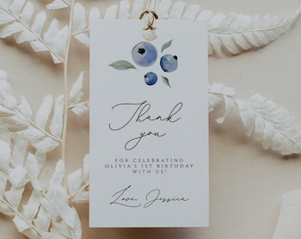 Editable Blueberry Birthday Favor Tags, Birthday Thank You Tag Template, Gift Labels, Berry Sweet Birthday Decor, Printable Instant Download