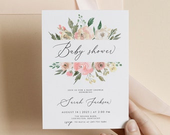 Blush Pink Floral Baby Shower Invitation Baby Shower Brunch Baby Girl Baby Shower Invite Shower Invitations Baby Girl Invitation Templett