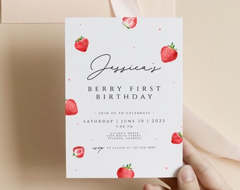 Berry First Birthday Invitation, Strawberry Birthday Invitation, Berry First Birthday Invite, Strawberry Birthday Evite, 1st Birthday Girl