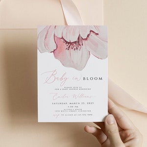 Pink Peony Baby Shower Invitation, Floral Baby in Bloom Invitation Template, Girl Baby Shower Invite, DIY Editable Template, Templett