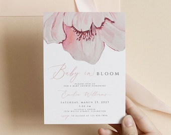 Pink Peony Baby Shower Invitation, Floral Baby in Bloom Invitation Template, Girl Baby Shower Invite, DIY Editable Template, Templett