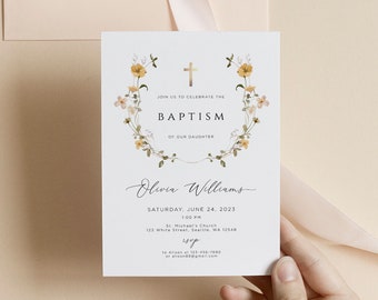 Baptism Invitation Template, Wildflower Baptism Invite, Christening Invitation, Baptism Invite Template, Printable Baptism Girl, Editable
