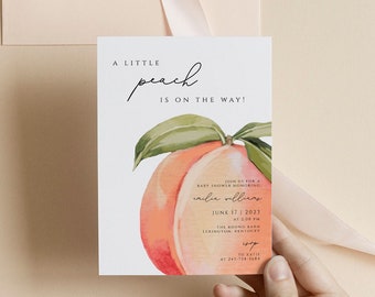 Invitaciones para baby shower de Peach, Little Peach está en camino, dulces invitaciones para baby shower de Peach, baby shower de niña de verano, PBSH02