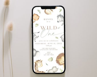 Safari First Birthday Evite, Wild One First Birthday Electronic Invitation, Editable Digital Download, Jungle Animals Party Smartphone