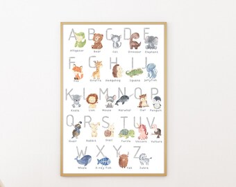 Póster del alfabeto animal, Impresión del alfabeto, Póster ABC, Gráfico del alfabeto, Impresión de arte mural, Póster de la habitación para niños, Póster educativo, Arte de pared imprimible