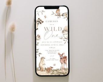 Invitación de primer cumpleaños de Woodland, Invitación electrónica de 1er cumpleaños de Wild One, Descarga digital editable, Smartphone de fiesta de animales del bosque