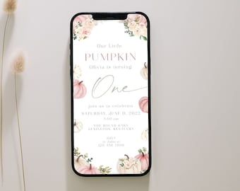 Pumpkin first birthday fall girl invitation, Our Little Pumpkin is one evite, Fall birthday Electronic Invitation, digital smartphone Invite