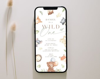 Invitación del primer cumpleaños del bosque, Invitación electrónica del 1er cumpleaños de Wild One, Descarga digital editable, Teléfono inteligente de la fiesta de los animales del bosque