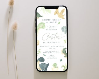 Dinosaur Birthday Evite Template, Dinosaur Birthday Invitation Boy, Smartphone Electronic Invitation Evite, Editable Digital Download