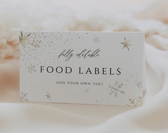 Snowflake Food Card Template, Winter Food Labels, Tent Cards, Birthday Food Tags, Folded Food Cards, Editable, Instant Download